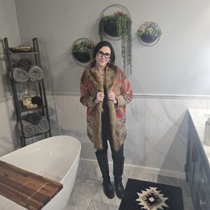 Colleen Lopez Tribal Print Coat with Faux Fur Trim